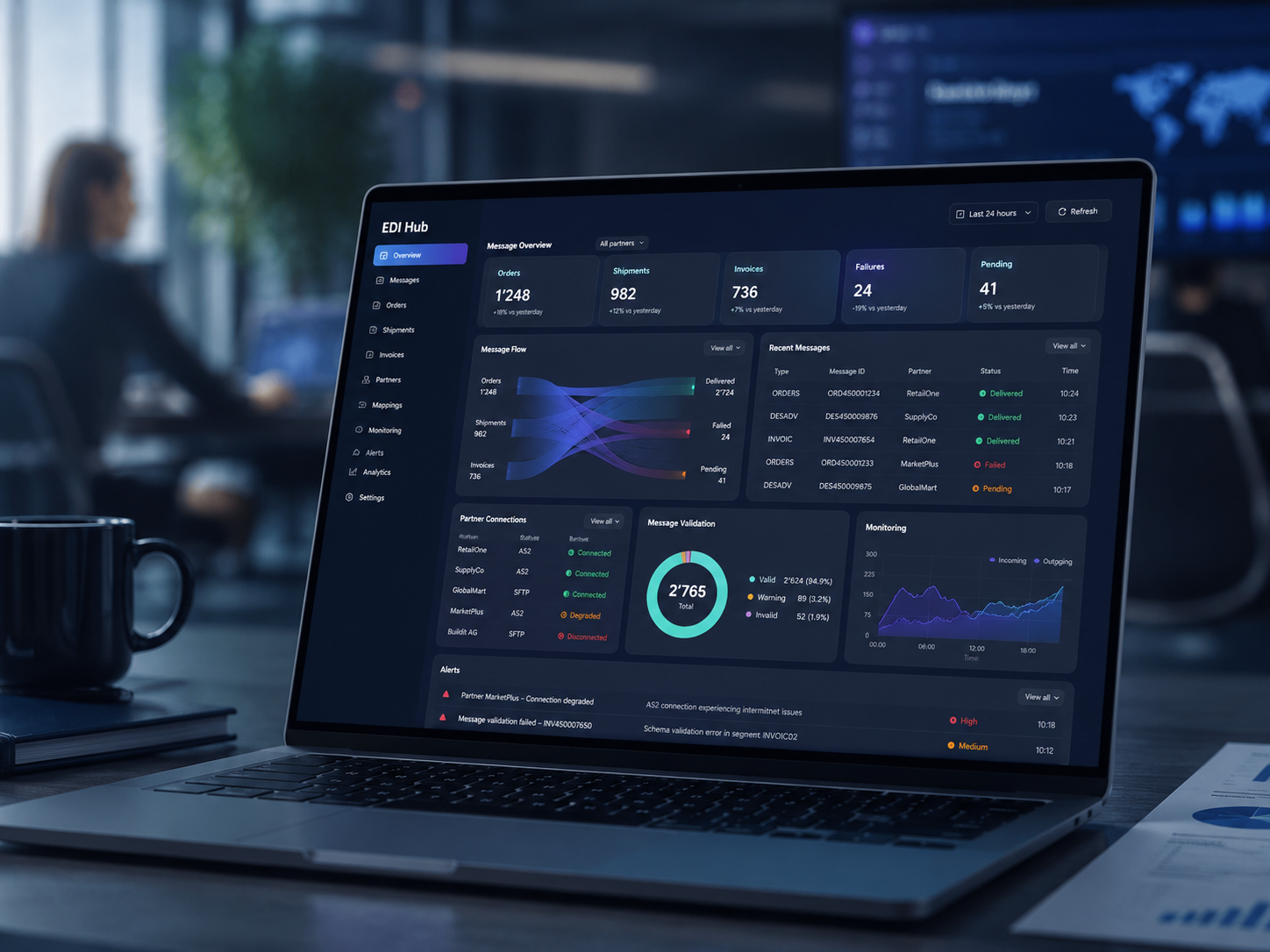 EDI-Hub auf Laptop mit Monitoring und Partnerstatus