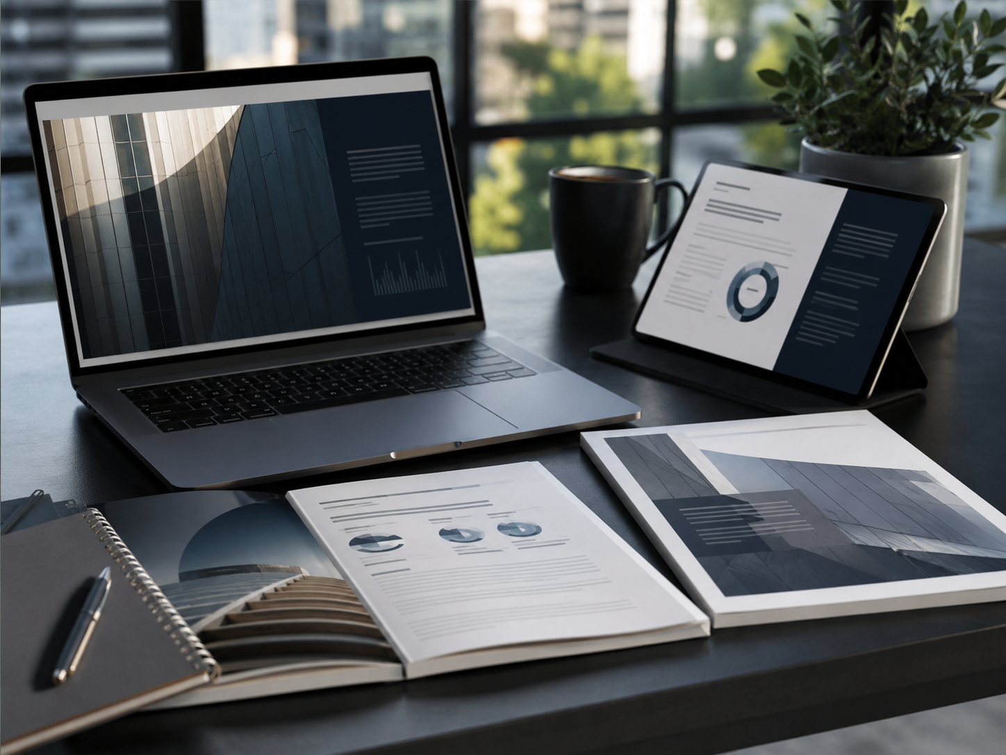 Servicearchitektur und Blueprint auf Laptop und Tablet